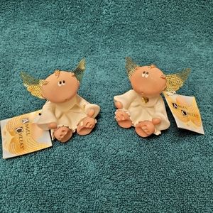 Angel Cheeks Figurines- Lot of 2 - Guardian Angels with Gold Wings- Russ Berrie
